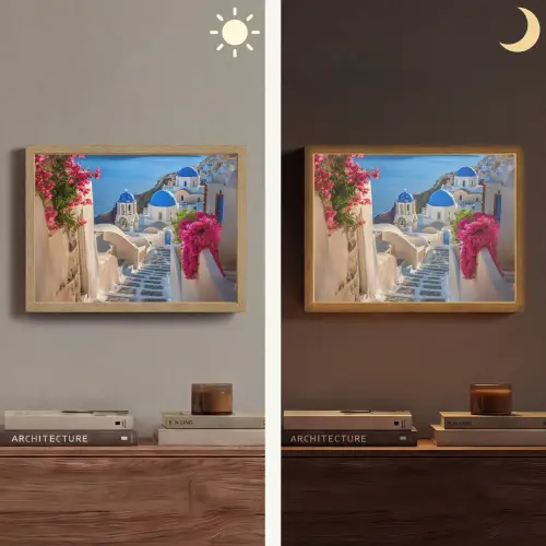Santorini - Bloemen - Griekenland Light Box met batterij (Wandlamp) middel -sfeer3