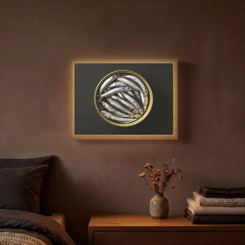 Sardines - Vissen - Rond - Zwart Light Box met batterij (Wandlamp) middel -sfeer4