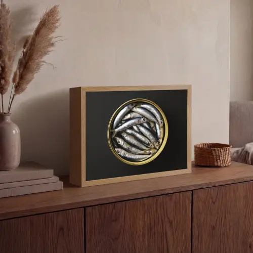 Sardines - Vissen - Rond - Zwart Light Box met batterij (Wandlamp) middel -sfeer2