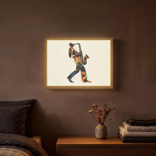 Saxofoon - Abstract - Persoon - Blauw Light Box met batterij (Wandlamp) middel -sfeer4