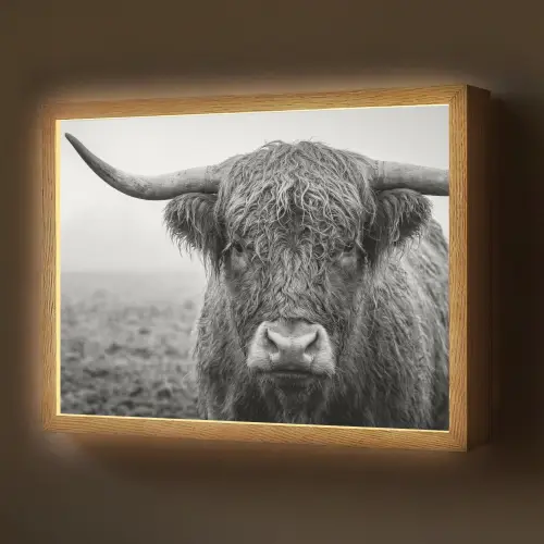 Schotse hooglander - Zwart - Wit - Gras Light Box met batterij (Wandlamp) middel -z3d_website