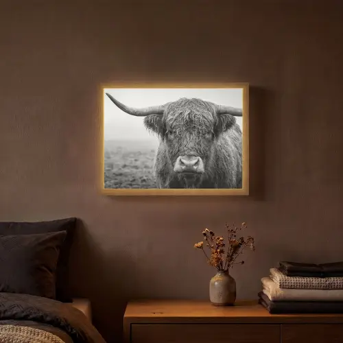 Schotse hooglander - Zwart - Wit - Gras Light Box met batterij (Wandlamp) middel -sfeer4