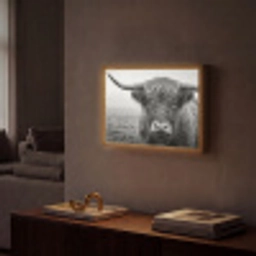 Schotse hooglander - Zwart - Wit - Gras Light Box met batterij (Wandlamp) middel -sfeer1