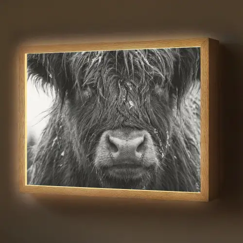 Schotse hooglander - Zwart - Wit - Sneeuwvlokken Light Box met batterij (Wandlamp) middel -z3d_website