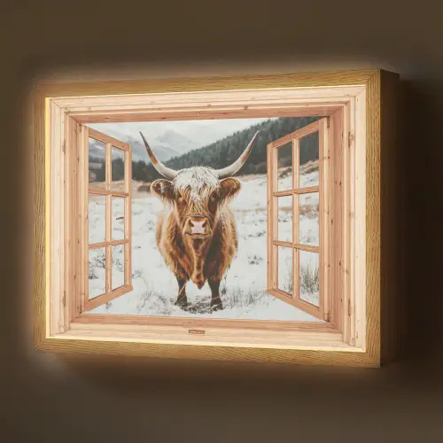 Schotse Hooglander - Landschap - Landelijk - Bergen - Winter - Doorkijk Light Box met batterij (Wandlamp) middel -z3d_website
