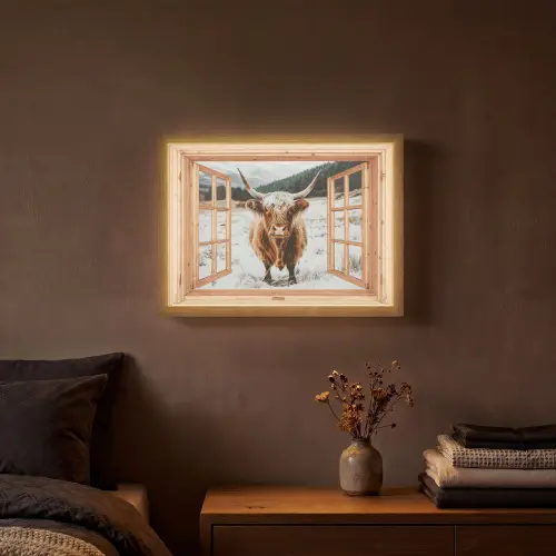 Schotse Hooglander - Landschap - Landelijk - Bergen - Winter - Doorkijk Light Box met batterij (Wandlamp) middel -sfeer4