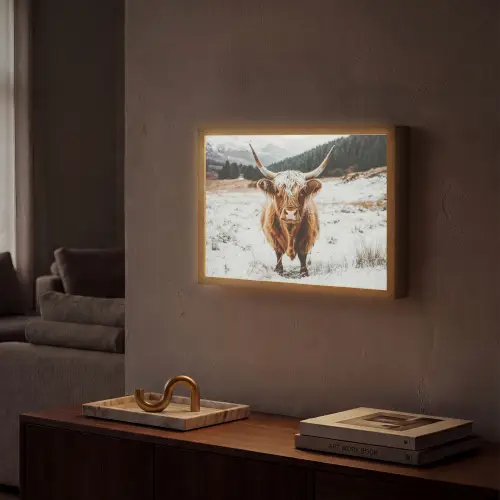 Schotse Hooglander - Landschap - Sneeuw - Bergen - Winter Light Box met batterij (Wandlamp) middel -sfeer1