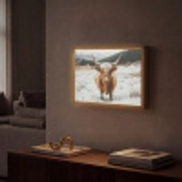Schotse Hooglander - Landschap - Sneeuw - Bergen - Winter Light Box met batterij (Wandlamp) middel -sfeer1