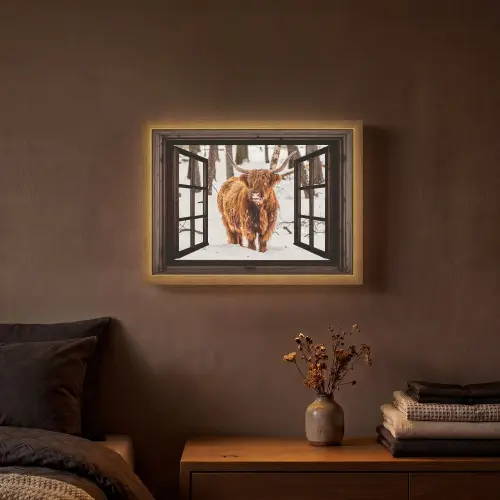 Schotse Hooglander - Sneeuw - Natuur - Dieren - Doorkijk - Winter Light Box met batterij (Wandlamp) middel -sfeer4
