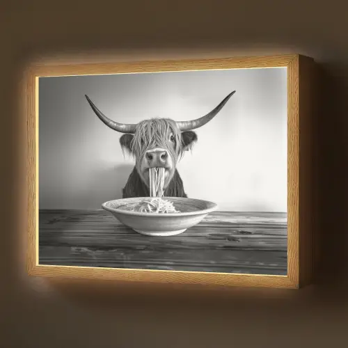 Schotse Hooglander - Spaghetti - Dieren - Zwart wit Light Box met batterij (Wandlamp) middel -z3d_website