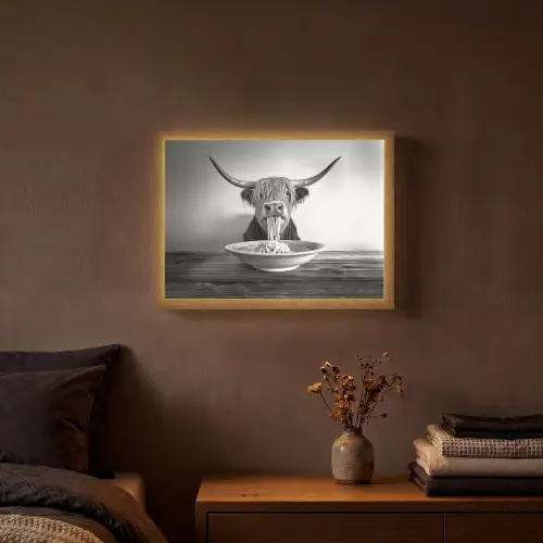 Schotse Hooglander - Spaghetti - Dieren - Zwart wit Light Box met batterij (Wandlamp) middel -sfeer4