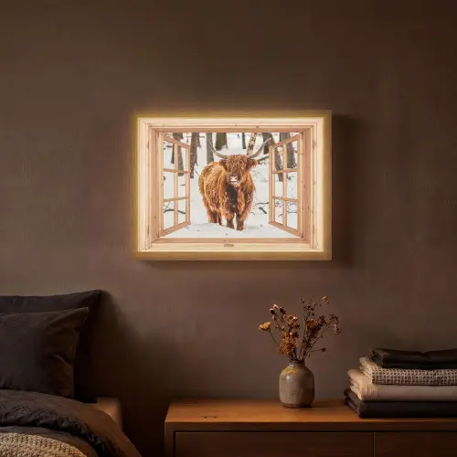 Schotse Hooglander - Winter - Landschap - Natuur - Dieren - Doorkijk Light Box met batterij (Wandlamp) middel -sfeer4