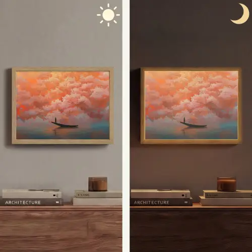 Zee - Boot - Wolken - Oranje Light Box met batterij (Wandlamp) middel -sfeer3