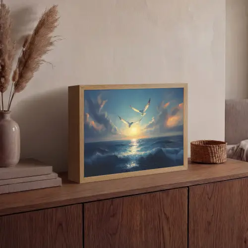 Meeuwen - Zee - Wolken -Blauw Light Box met batterij (Wandlamp) middel -sfeer2