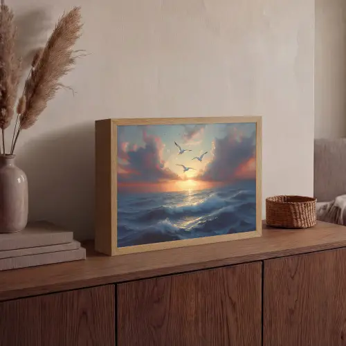 Meeuwen - Zonsondergang - Zee - Wolken Light Box met batterij (Wandlamp) middel -sfeer2