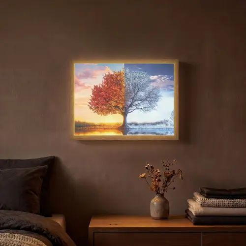 Seizoenen - Kunst - Boom - Herfst - Winter Light Box met batterij (Wandlamp) middel -sfeer4