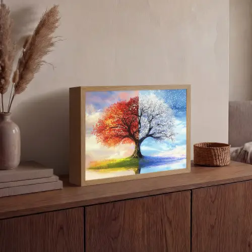 Seizoenen - Kunst - Boom - Winter - Herfst Light Box met batterij (Wandlamp) middel -sfeer2