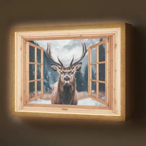 Doorkijk - Hert - Dieren - Winterlandschap - Sneeuw Light Box met batterij (Wandlamp) middel -z3d_website