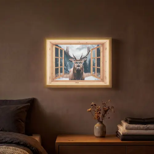 Doorkijk - Hert - Dieren - Winterlandschap - Sneeuw Light Box met batterij (Wandlamp) middel -sfeer4