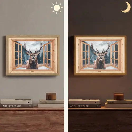 Doorkijk - Hert - Dieren - Winterlandschap - Sneeuw Light Box met batterij (Wandlamp) middel -sfeer3