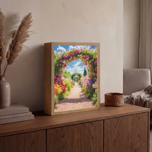 Doorkijk - Bloemen - Kleurrijk - Natuur Light Box met batterij (Wandlamp) middel -sfeer2