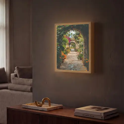Doorkijk - Bloemen - Poort - Stenen Light Box met batterij (Wandlamp) middel -sfeer1