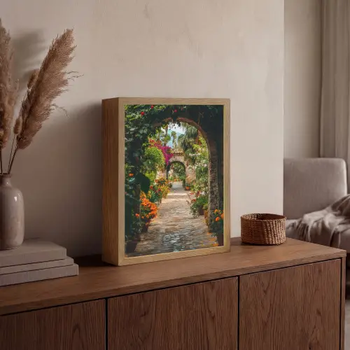 Doorkijk - Bloemen - Poort - Stenen Light Box met batterij (Wandlamp) middel -sfeer2