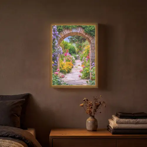 Doorkijk - Bloemen - Pad - Natuur Light Box met batterij (Wandlamp) middel -sfeer4