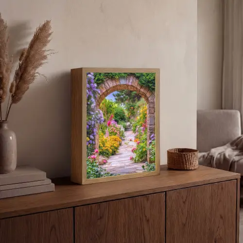 Doorkijk - Bloemen - Pad - Natuur Light Box met batterij (Wandlamp) middel -sfeer2