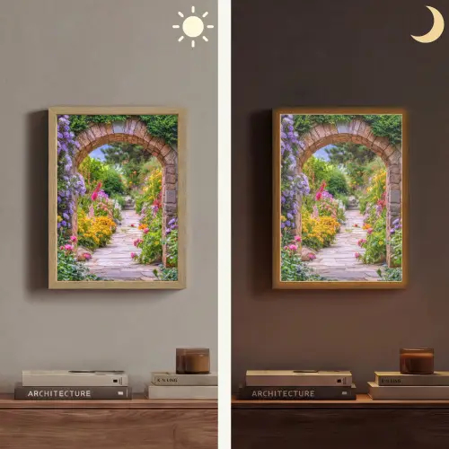 Doorkijk - Bloemen - Pad - Natuur Light Box met batterij (Wandlamp) middel -sfeer3