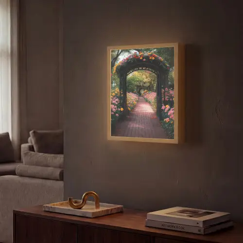 Doorkijk - Bloemen - Pad - Natuur - Kleurrijk Light Box met batterij (Wandlamp) middel -sfeer1