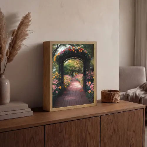 Doorkijk - Bloemen - Pad - Natuur - Kleurrijk Light Box met batterij (Wandlamp) middel -sfeer2