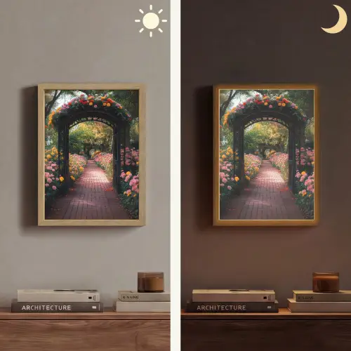 Doorkijk - Bloemen - Pad - Natuur - Kleurrijk Light Box met batterij (Wandlamp) middel -sfeer3