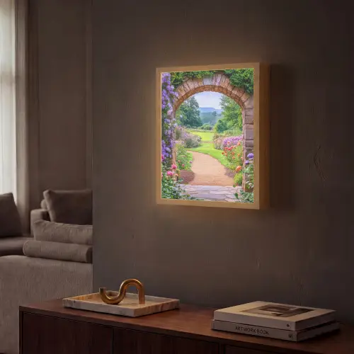 Doorkijk - Poort - Bloemen - Tuin Light Box met batterij (Wandlamp) middel -sfeer1