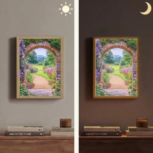 Doorkijk - Poort - Bloemen - Tuin Light Box met batterij (Wandlamp) middel -sfeer3