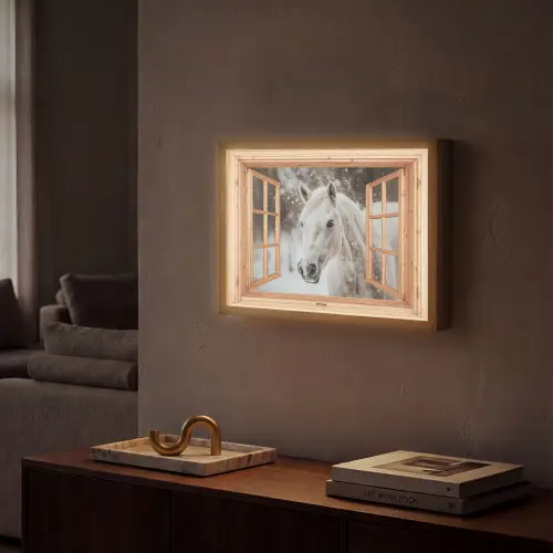 Doorkijk - Paard - Wit - Winter - Sneeuw - Dieren Light Box met batterij (Wandlamp) middel -sfeer1