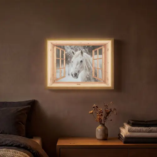 Doorkijk - Paard - Wit - Winter - Sneeuw - Dieren Light Box met batterij (Wandlamp) middel -sfeer4