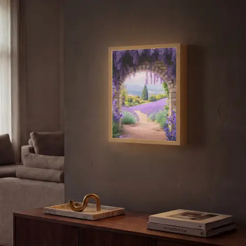 Doorkijk - Lavendel - Bloemen - Paars - Poort Light Box met batterij (Wandlamp) middel -sfeer1
