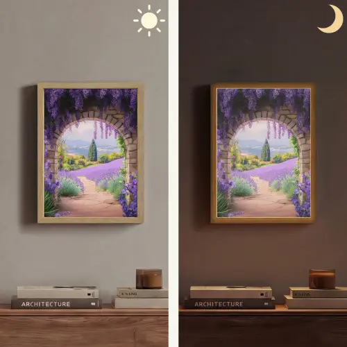Doorkijk - Lavendel - Bloemen - Paars - Poort Light Box met batterij (Wandlamp) middel -sfeer3