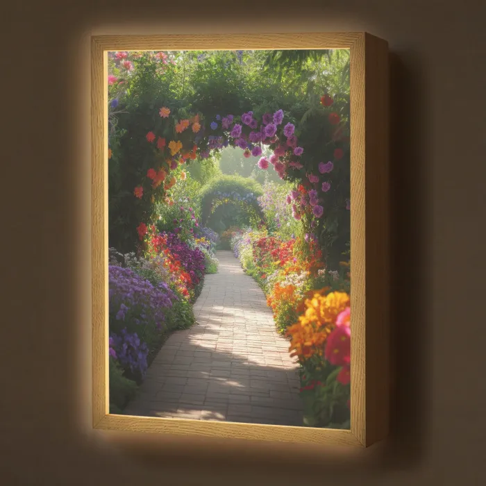 Doorkijk - Pad - Bloemen - Struik - Kleurrijk Light Box met batterij (Wandlamp) middel -z3d_website