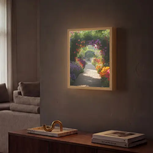 Doorkijk - Pad - Bloemen - Struik - Kleurrijk Light Box met batterij (Wandlamp) middel -sfeer1