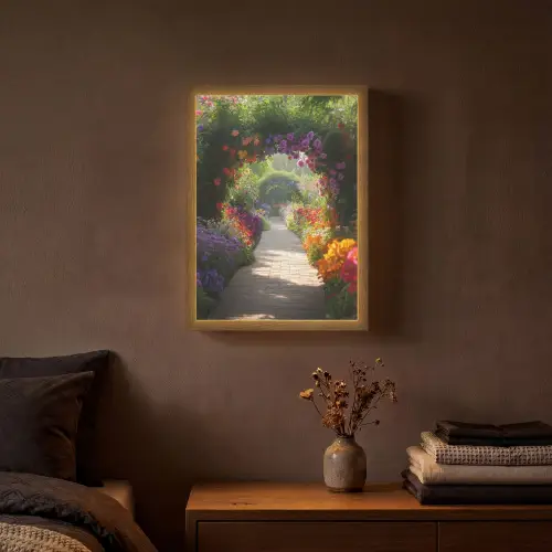 Doorkijk - Pad - Bloemen - Struik - Kleurrijk Light Box met batterij (Wandlamp) middel -sfeer4
