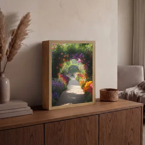 Doorkijk - Pad - Bloemen - Struik - Kleurrijk Light Box met batterij (Wandlamp) middel -sfeer2