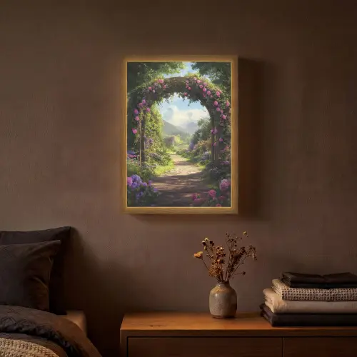 Doorkijk - Rozenboog - Uitzicht - Landschap - Bloemen Light Box met batterij (Wandlamp) middel -sfeer4