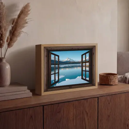 Doorkijk - Winterlandschap - Meer - Bergen - Uitzicht Light Box met batterij (Wandlamp) middel -sfeer2