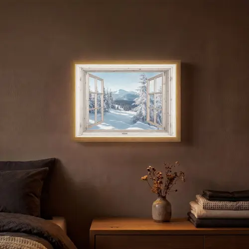 Doorkijk - Winter - Landschap - Natuur - Berg - Bomen - Wit Light Box met batterij (Wandlamp) middel -sfeer4