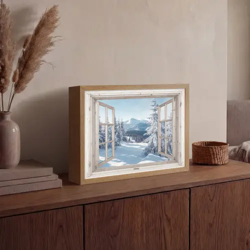 Doorkijk - Winter - Landschap - Natuur - Berg - Bomen - Wit Light Box met batterij (Wandlamp) middel -sfeer2