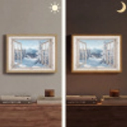 Doorkijk - Winter - Landschap - Natuur - Berg - Bomen - Wit Light Box met batterij (Wandlamp) middel -sfeer3