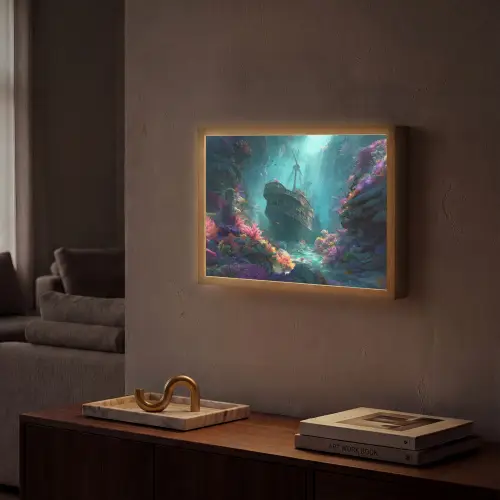 Schip - Hout - Koraalriffen - Zonlicht Light Box met batterij (Wandlamp) middel -sfeer1