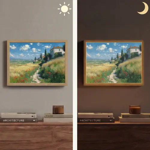 Zandpad - Huis - Bomen - Grasveld Light Box met batterij (Wandlamp) middel -sfeer3